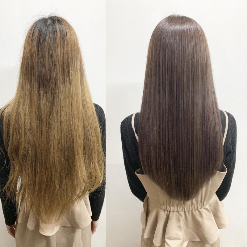 ロングヘアの色ムラをなくす ブリーチをしていた16レベルの髪を8レベルの明るさに均一に整えて艶髪にしました ヘアカラー